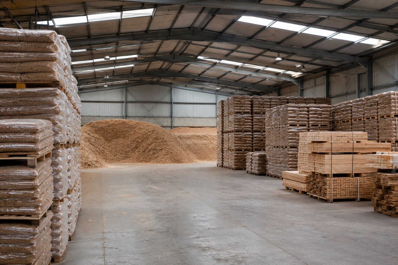 Entrepôt de stockage avec palettes de sacs de granulés BFC Pellets