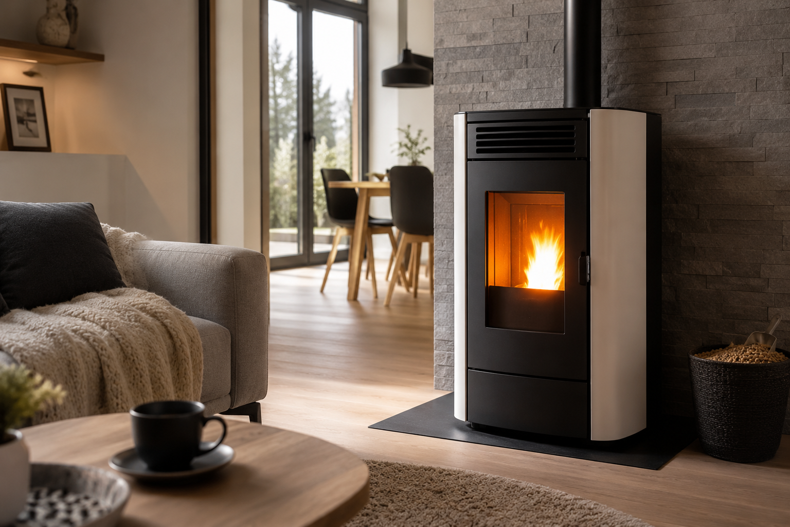 Poêle à granulés dans un intérieur moderne — chauffage pellet bois BFC Pellets