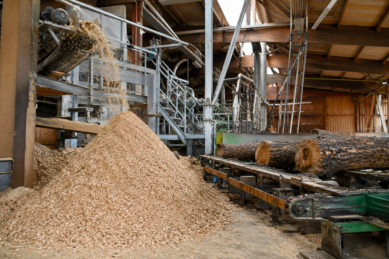 Scierie régionale avec troncs de résineux et sciure — matière première des granulés BFC Pellets